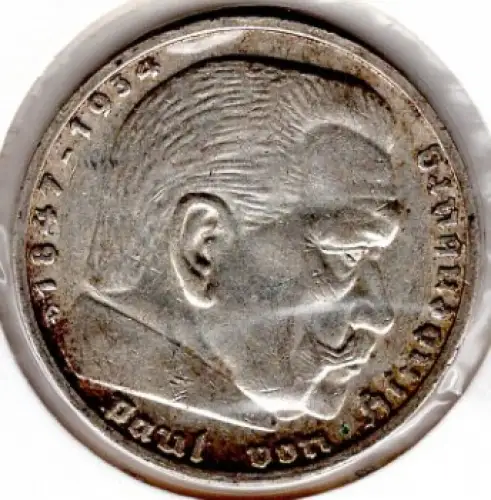 Jäger 0367 - 5 Reichsmark 1938 G Hindenburg Hakenkreuz Silbermünze