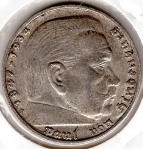 Jäger 0367 - 5 Reichsmark 1939 D Hindenburg Hakenkreuz Silbermünze