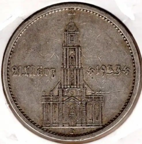 Jäger 0356 - 5 Reichsmark 1934 D Garnisonskirche mit Datum Silbermünze Deutsches Reich