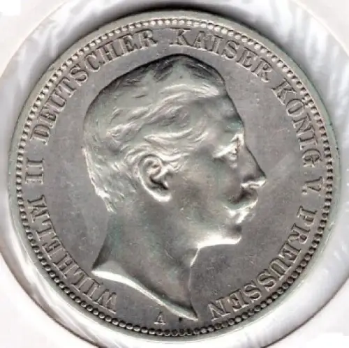 3 Mark Preussen 1908 Kaiser Wilhelm II Silbermünze 