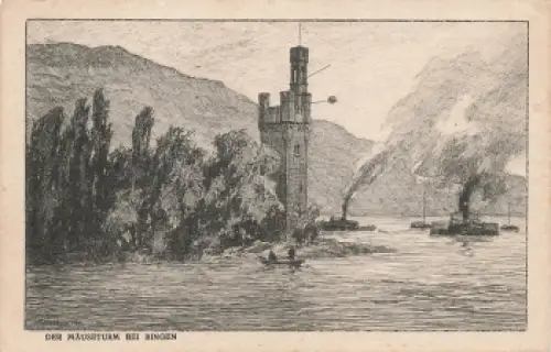 Der Rhein No. 8 Mäuseturm bei Bingen Künstlerkarte Otto Ubbelohde Mandt-Verlag * um 1920