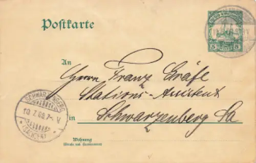 Deutsch-Südwestafrika Ganzsache 5 Pfennig o Keetmanshoop 15.6.1908 nach Schwarzenberg
