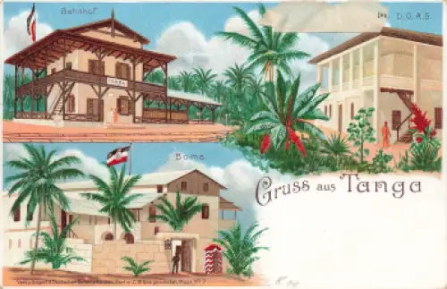 Tanga Bahnhof Litho Privatganzsache 5 Pesa auf 10 Pfennig Krone Adler Deutsch Ostafrika * um 1890