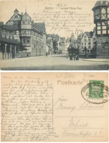 35390 Giessen Landgraf Philipp Platz o 7.3.1918 Bahnpoststempel Cassel Frankfurt Zug 773