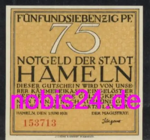 31787 Hameln Notgeld 75 Pfennige 1921