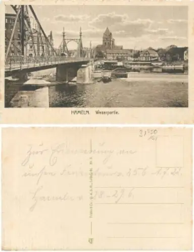 Hameln Weserpartie mit Brücke gebr. 28.6.1922