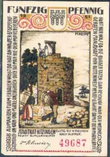 97318 Kitzingen Städtenotgeld Wert 50 Pfennige Turmbau um 1921