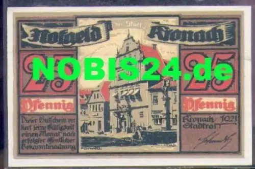 96317 Kronach Städtenotgeld Wert 25 Pfennige Marktplatz mit Brunnen 1921