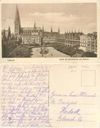 Lübeck Markt mit Marienkirche und Rathaus gebr. ca.1930