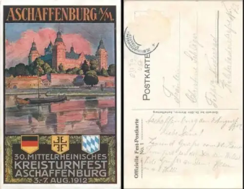 Aschaffenburg 30. Mittelrheinisches Kreisturnfest Künstlerkarte A. Hock o 1912