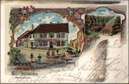 63263 Neu-Isenburg Restaurant zum Grünen Baum Farblitho o ca.1902