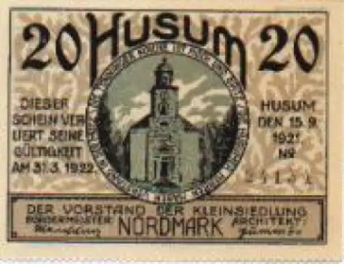 25813 Husum Städtenotgeld Wert 20 Pfennige Tönniger Kirche 1921