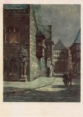 38820 Alt-Halberstadt "Mondnacht am Holzmarkt" Künstlerkarte W. Gemm * ca.1950