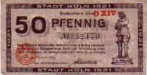 Köln Städtenotgeld Wert 50 Pfennige J. v. Werth 1921