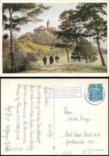 07768 Seitenroda über Kahla Posthilfsstellenstempel o 22.8.1957 auf AK Leuchtenburg