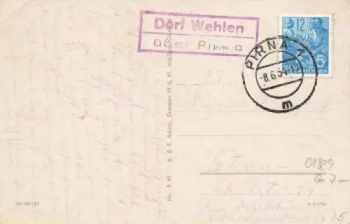 01829 Dorf Wehlen über Pirna Landpoststempel o 8.6.1954 auf AK Amselfall