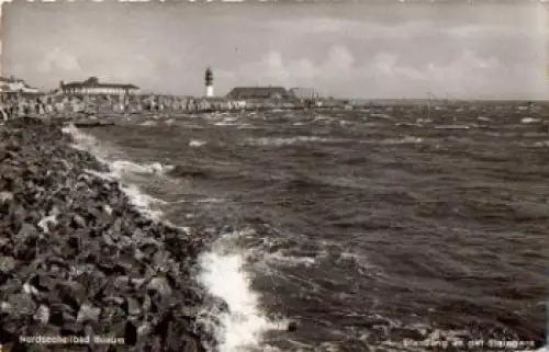 25761 Büsum Brandung an der Steinbank Leuchtturm  gebr. ca. 1960