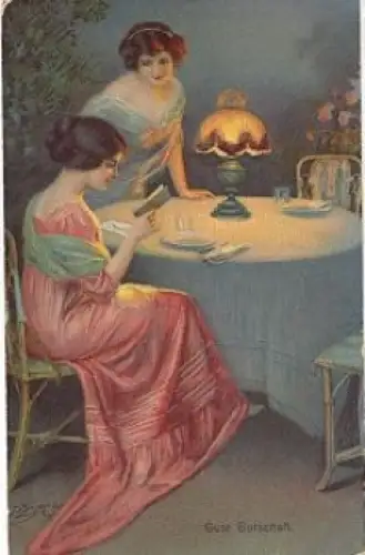 Lesende Frauen "Gute Botschaft" Künstlerkarte Enjoirog * ca. 1910