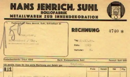 Suhl Hans Henrich Rollofabrik Metallwaren Briefkopf vom 27.11.1925