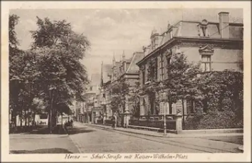 Herne Schulstrasse mit Kaiser-Wilhelm-Platz o 30.8.1921 Bahnpost Cöln - Hannover Zug Nr. 215