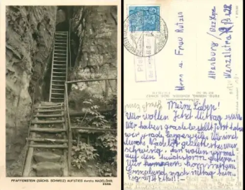 01824 Pfaffendorf über Königstein Landpoststempel auf AK Nadelöhr o 30.8.1958
