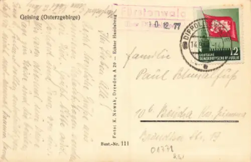 01778 Geising Erzgebirge Landpoststempel Fürstenwald o 14.9.1953