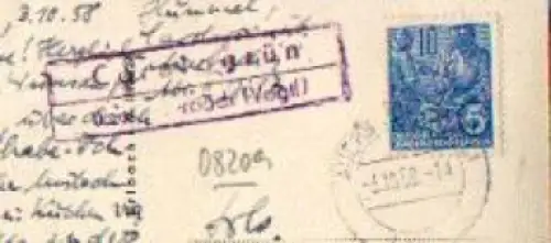 08209 Coralagrün Landpoststempel o 3.10.1958 auf AK Auerbach