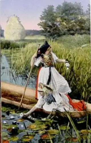 Spreewald Trachten Spreewälderinnen mit Boot auf Seerosenteich o 9.8.1925