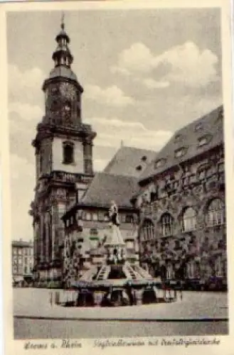 Worms Siegfriedbrunnen mit Dreifaltigkeitskirche * ca. 1940