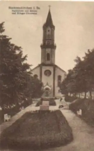 08258 Markneukirchen Marktplatz mit Kirche und Krieger-Ehrenmal * ca. 1920