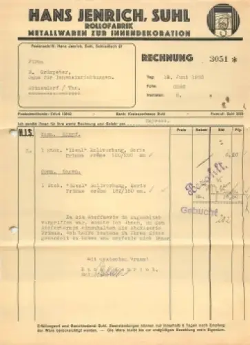 Suhl Rollofabrik Hans Jenrich Briefkopf 1938