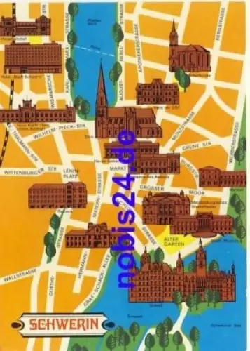 Schwerin Künstlerkarte Stadtplan  *ca.1978
