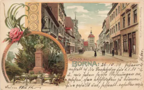 04552 Borna Litho Reichsstrasse Denkmal o 1900