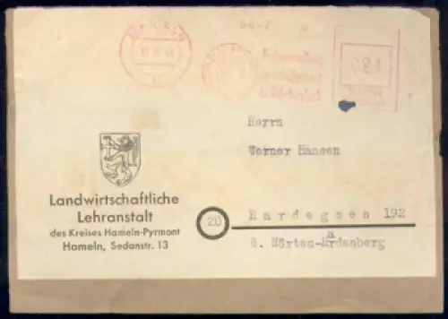 31785 Hameln Landwirtschaftliche  Lehranstalt o 19.8.1948 ​​​​​​​Briefumschlag mit Absenderfreistempel 