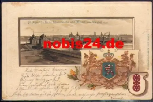 Mainz Rheinbrücke Passepartoutkarte 123818 o ca.1900 Farbprägelitho mit Goldschnitt