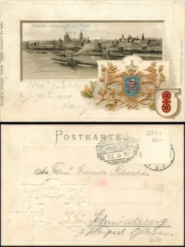 Mainz Rheinansicht Passepartoutkarte 123818 o 12.8.1902 Farbprägelitho mit Goldschnitt