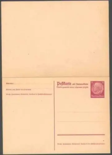 Hindenburg 15 Pfennig Ganzsache mit Antwortkarte *