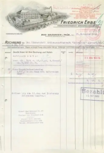 36433 Bad Salzungen Maschinenfabrik Friedrich Erbe Briefkopf mit Fabrikansicht 1933