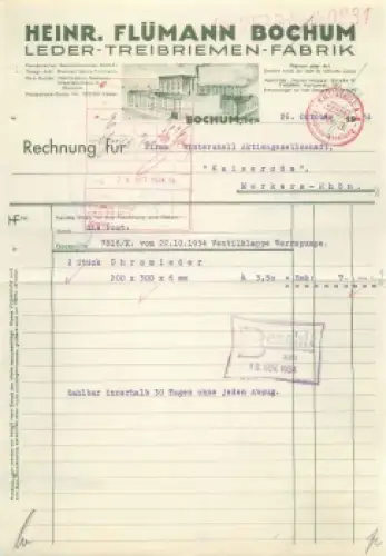 Bochum Lerder- Treibriemenfabrik Heinr. Flümann Briefkopf 1934