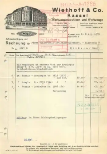 Kassel Werkzeugmaschinen Wiethoff & Co. Briefkopf mit Firmenansicht 1939
