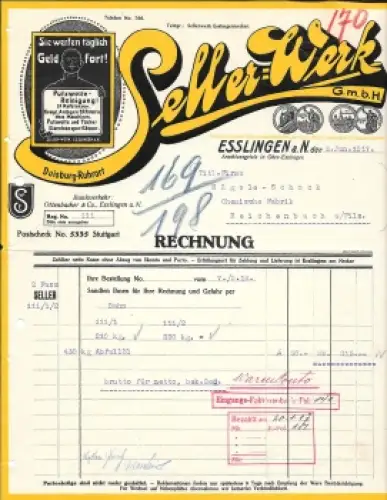 73728 Esslingen Putzwolle-Reinigung  Seller-Werk Briefkopf 1916