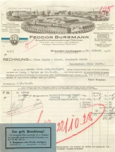 Dresden Laubegast Stopfbüchsenpackungs-Fabrik Feodor Burgmann Briefkopf mit Fabrikansicht 1928