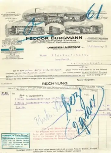 Dresden Laubegast Stopfbüchsenpackungs-Fabrik Feodor Burgmann Briefkopf mit Fabrikansicht 1914