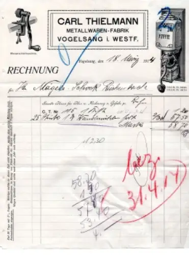 Vogelsang Köln Metallwaren Fabrik Carl Thielmann Briefkopf mit Kaffemühle 1914