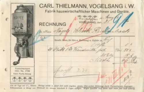 Vogelsang Köln Fabrik hauswirtschaftlicher Maschinen Briefkopf mit Kaffemühle 1916