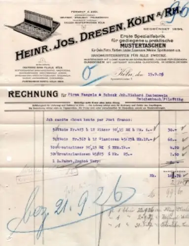 Köln Apostelnkloster 7 Mustertaschen Fabrik Heinr. Jos. Dresen Briefkopf 1926