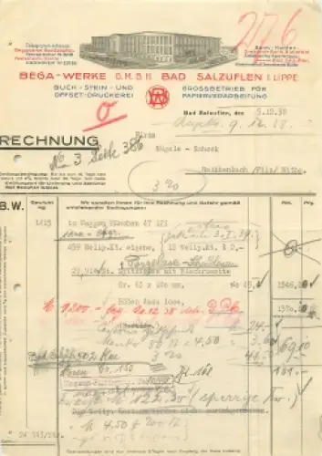32100 Bad Salzuflen Druckerei BEGA-Werke Briefkopf mit Fabrikansicht 1938