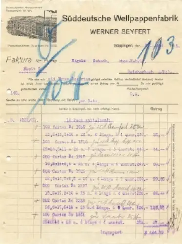 Göppingen Wellpappenfabrik Werner Seyfert Briefkopf 1916