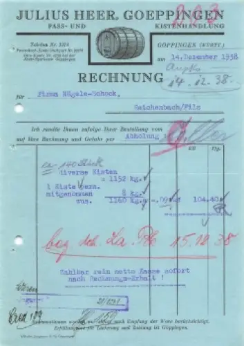 Göppingen Fass- und Kistenhandlung Julius Heer Briefkopf 1938