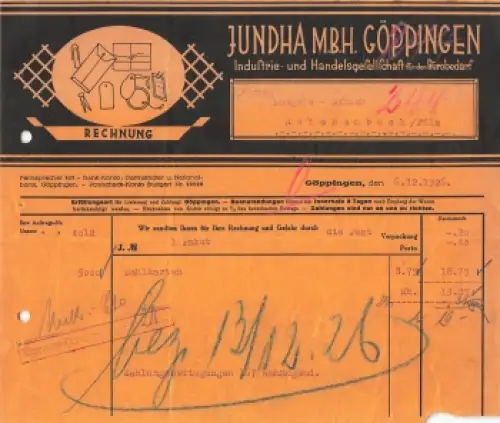 Göppingen Bürobedarf Jundha Briefkopf 1927
